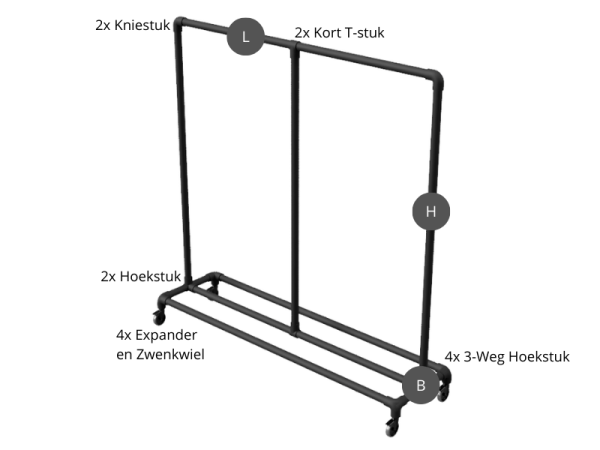Kledingrek uit zwarte steigerbuis Ø 33,7 mm met zwenkwielen Ø 75 mm